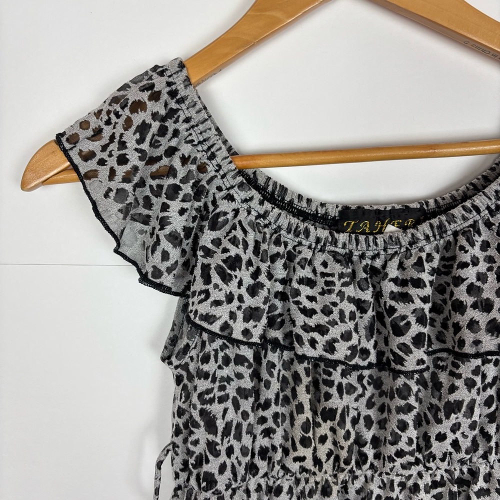 Taheri Y2K Vintage Top Size Medium Baby Doll Off the Shoulder Gray Black Printed - Picture 3 of 7